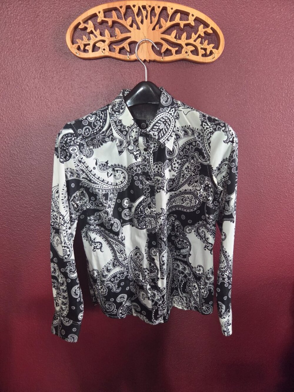 JONES NEW YORK SIGNATURE Womens Black Paisley Long Sleeve Button Up Shirt